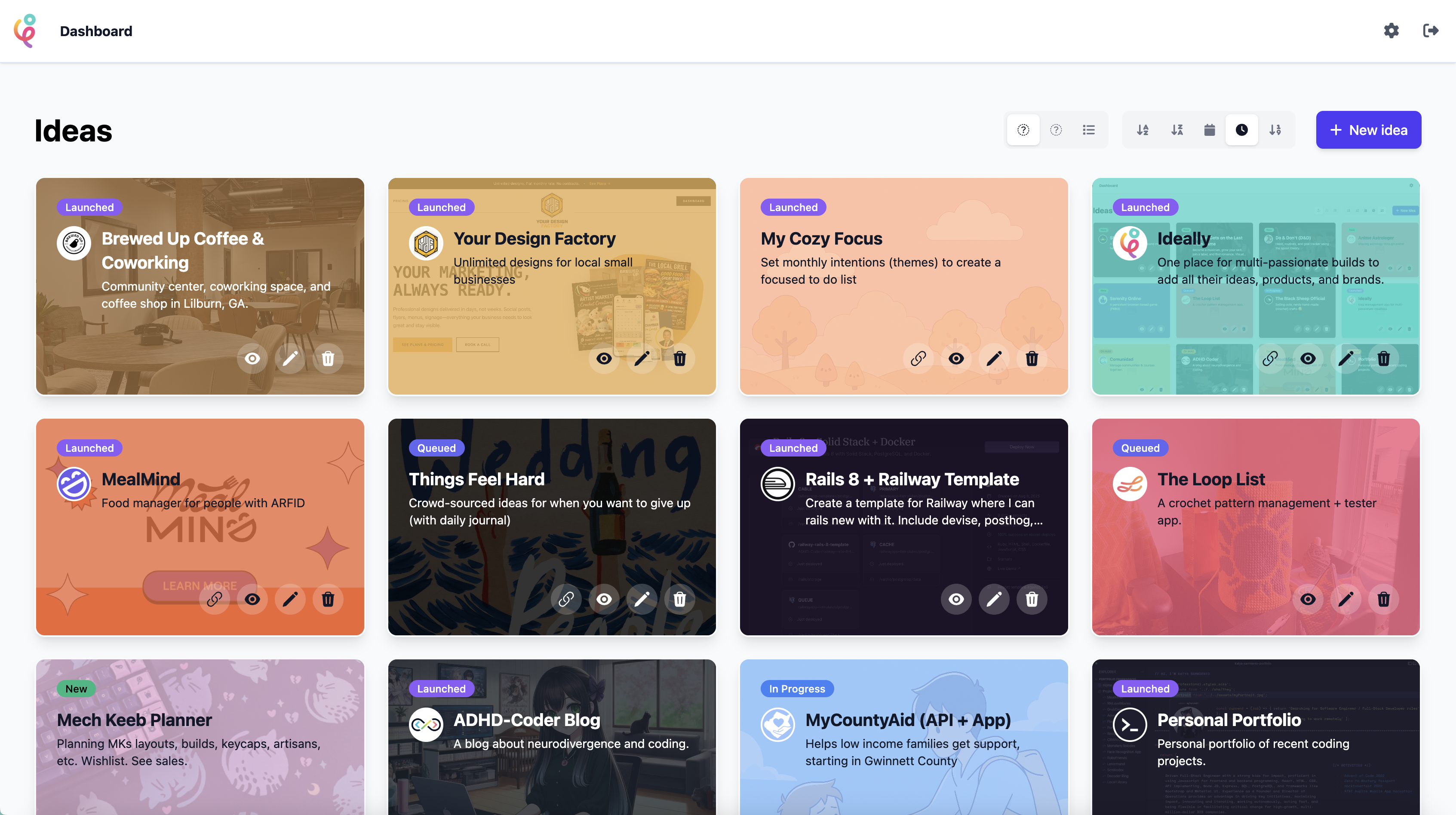 Ideally Ideas Dashboard showing multiple project ideas at a glance
